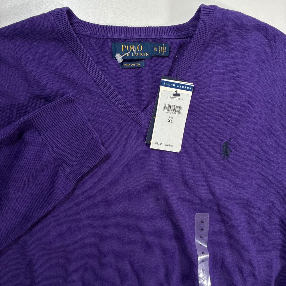NEW Polo Ralph Lauren Sweater XL Purple Pima Cotton V-Neck Pony Logo